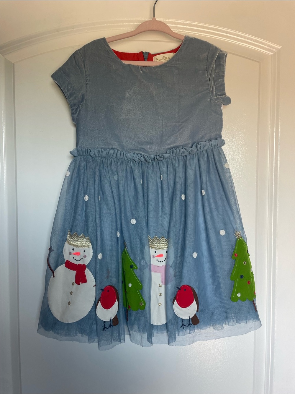 Mini Boden Snowman Christmas  Light Blue Velvet Dress with Red Inner Trim